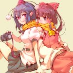  2girls amazake black_hair bow brown_eyes brown_hair detached_sleeves hair_bow hair_tubes hakurei_reimu hat hat_ribbon highres long_sleeves midriff multiple_girls navel open_mouth pink_eyes pointy_ears pout puffy_sleeves ribbon scarf shameimaru_aya shared_scarf shirt short_sleeves sitting skirt skirt_set smile tokin_hat touhou wide_sleeves 