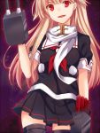  1girl blonde_hair cannon d11 fangs kantai_collection long_hair neckerchief open_mouth personification red_eyes scarf skirt smile solo yuudachi_(kantai_collection) 