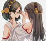  2girls bare_shoulders black_hair blue_eyes breasts brown_eyes d11 eye_contact green-framed_glasses hair_ornament hairband hairclip haruna_(kantai_collection) kantai_collection kirishima_(kantai_collection) long_hair looking_at_another multiple_girls nontraditional_miko personification short_hair sideboob 