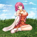  1girl blush boots bracelet breasts cleavage dress final_fantasy final_fantasy_v grass green_eyes head_tilt jewelry karigurashi large_breasts lenna_charlotte_tycoon open_clothes open_robe pink_hair robe short_dress short_hair sitting smile solo wariza white_mage 