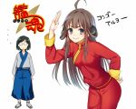  2girls ahoge alternate_costume brown_eyes brown_hair cosplay d11 gintama glasses hair_over_one_eye kagura_(gintama) kagura_(gintama)_(cosplay) kantai_collection kirishima_(kantai_collection) kongou_(kantai_collection) long_hair multiple_girls personification shimura_shinpachi shimura_shinpachi_(cosplay) short_hair smirk translation_request 