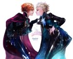  2boys anna_(frozen) blue_eyes brothers brown_hair cape dated elsa_(frozen) face-to-face frozen_(disney) genderswap gloves half-closed_eyes multiple_boys siblings side snowflakes suhokun white_hair 