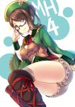  1girl adjusting_glasses ankle_lace-up breasts brown_hair copyright_name cross-laced_footwear glasses hat hinata_sora looking_at_viewer monster_hunter_4 receptionist_(monster_hunter_4) ribbon simple_background smile solo white_background 
