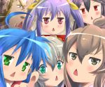  2boys 5girls ahoge aqua_eyes black_hair blue_hair blush brown_eyes brown_hair chestnut_mouth crossover emphasis_lines gon_freecss green_eyes gundam gundam_age hunter_x_hunter iwark_briar izumi_konata long_hair looking_at_viewer lucky_star meme minami-ke minami_chiaki miyauchi_renge mizuhara_ichika multiple_boys multiple_crossover multiple_girls mushi_gyouza non_non_biyori nyarlathotep_(nyaruko-san) onee-chan_ga_kita purple_hair red_eyes ribbon silver_hair trait_connection triangle_mouth we&#039;re_forced! 