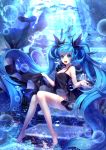  1girl barefoot blue_eyes blue_hair bubble dress fish hatsune_miku long_hair metto no_panties open_mouth shinkai_shoujo_(vocaloid) skirt_hold solo twintails underwater very_long_hair vocaloid 