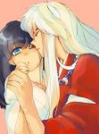  1boy 1girl alternate_eye_color black_hair blue_eyes closed_eyes couple cover cover_page doujin_cover hetero higurashi_kagome hirado57 holding_hands incipient_kiss inuyasha inuyasha_(character) jewelry long_hair necklace pearl_necklace profile simple_background white_hair wink 