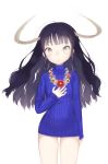  1girl bangs bare_legs black_hair blunt_bangs daisy flower flower_necklace hand_on_own_chest horns long_hair long_sleeves looking_at_viewer mimizubare multicolored_eyes no_pants original pansy standing sweater turtleneck wavy_hair white_background 