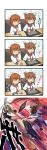  2girls 4koma blush brown_eyes brown_hair comic computer_mouse drawing folded_ponytail hair_ornament hairclip highres hunter_x_hunter ikazuchi_(kantai_collection) inazuma_(kantai_collection) kantai_collection multiple_girls mushi_gyouza open_mouth panties parody personification school_uniform serafuku smile tablet tablet_pen translated underwear upskirt wo-class_aircraft_carrier 