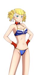  1girl bikini blonde_hair blue_eyes blush_stickers breasts cleavage drill_hair gloves gundam gundam_build_fighters hands_on_hips highres kenken navel red_gloves simple_background smile solo swimsuit white_background yajima_caroline zipper 