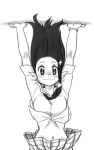  +_+ 1girl blush demon_mages earrings handstand jason_robinson jewelry long_hair looking_at_viewer monochrome navel necktie out-of-frame_censoring pointy_ears shirt smile tara_olphoros upside-down 