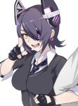  earrings eyepatch fingerless_gloves gloves headgear highres jewelry kantai_collection looking_at_viewer necktie open_mouth personification pointing pointing_at_viewer purple_hair short_hair tenryuu_(kantai_collection) yellow_eyes yusukesan 