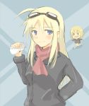  2girls ahoge blonde_hair blue_background blue_eyes character_check chibi erica_hartmann goggles goggles_on_head hanna-justina_marseille jacket long_hair multiple_girls running ruriho scarf short_hair simple_background strike_witches 