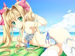  1girl adjusting_hair beach bikini blonde_hair blue_sky blush bow breasts cleavage clouds floral_print front-tie_bikini front-tie_top green_eyes hair_bow kamiya_tomoe long_hair looking_at_viewer looking_back navel original shiny shiny_skin side-tie_bikini sky smile solo swimsuit thighhighs twintails very_long_hair white_bikini white_legwear white_swimsuit 