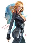  1girl ass black_widow blonde_hair blue_eyes breasts captain_america catsuit character_name cleavage collarbone english fingerless_gloves gloves gun helmet high_collar holster homare_(fool&#039;s_art) large_breasts lips marvel pistol solo_focus thigh_holster weapon 