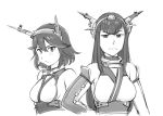  2girls cosplay frown headgear kantai_collection kill_la_kill kiryuuin_satsuki long_hair matoi_ryuuko monochrome multiple_girls mutsu_(kantai_collection) mutsu_(kantai_collection)_(cosplay) nagato_(kantai_collection) nagato_(kantai_collection)_(cosplay) short_hair ueyama_michirou 