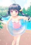  1girl :d black_hair braid brown_eyes casual_one-piece_swimsuit foreshortening hair_bobbles hair_ornament highres innertube one-piece_swimsuit open_mouth original outstretched_hand pool smile solo swimsuit twintails usashiro_mani 