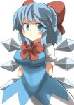  1girl alternate_breast_size arms_behind_back blue_dress blue_eyes blue_hair blush bow breasts cirno dress gaoo_(frpjx283) hair_bow highres large_breasts looking_at_viewer open_mouth short_hair simple_background solo touhou white_background wings 