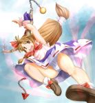  1girl blush_stickers brown_eyes brown_hair chain flying_kick highres horn_ribbon horns ibuki_suika kasuga_yukihito kicking long_hair low-tied_long_hair motion_lines open_mouth panties revision ribbon rider_kick skirt solo touhou underwear upskirt white_panties 