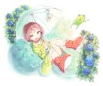  1girl :d brown_eyes floating flower frog full_body hydrangea jumping leaf looking_up mimizubare no_pants open_mouth original pink_hair plant puddle raincoat short_hair smile solo teruterubouzu umbrella water 