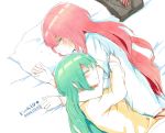  2014 2girls artist_name bracelet closed_eyes dated funkid green_hair hatsune_miku jewelry long_hair megurine_luka multiple_girls pillow redhead sleeping vocaloid 