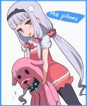  1girl bangs blouse blunt_bangs blush buster-kun capri_pants dai_(touhou_handdrawn) english hairband hoshimiya_kate long_hair red_eyes scrunchie sekai_seifuku:_bouryaku_no_zvezda short_sleeves silver_hair solo stuffed_animal stuffed_toy the_pillows tongue tongue_out twintails very_long_hair 