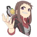  1girl banana brown_hair cosplay female food fruit grin idolmaster idolmaster_cinderella_girls jacket kamen_rider kamen_rider_gaim_(series) koseki_reina kumon_kaito kumon_kaito_(cosplay) lock_seed long_hair looking_at_viewer nash_(na-si) smile solo violet_eyes 