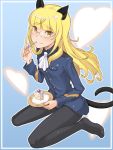  1girl animal_ears blonde_hair cake cat_ears cat_tail eating food fork_in_mouth fruit glasses heart highres kawaguchi_hyoue long_hair looking_at_viewer military military_uniform pantyhose perrine_h_clostermann sitting smile solo strawberry strike_witches tail uniform wariza yellow_eyes 