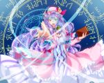  1girl aiming_at_viewer blue_background book bow breasts cleavage crescent_hair_ornament dress foreshortening greek hair_bow hair_ornament hat hat_ribbon highres kamitsuki_shion light_trail long_hair looking_at_viewer magic_circle mob_cap open_mouth outstretched_hand patchouli_knowledge payot purple_hair raised_hand ribbon robe runes solo striped striped_dress touhou very_long_hair violet_eyes zodiac 