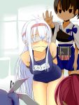  4girls alternate_costume arms_behind_back bdsm blindfold blue_hair blush bondage bound_arms brown_eyes brown_hair gagged hair_ornament hair_ribbon hairband highres i-168_(kantai_collection) i-19_(kantai_collection) ishikkoro japanese_clothes kaga_(kantai_collection) kantai_collection long_hair multiple_girls muneate one-piece_swimsuit personification ponytail pushing redhead ribbon school_swimsuit short_hair shoukaku_(kantai_collection) side_ponytail silver_hair skirt swimsuit translation_request twintails 
