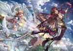  2girls :o angel angel_wings antennae armband arrow blonde_hair blue_eyes boots bow_(weapon) braid butt_crack butterfly_wings circlet clouds detached_sleeves dress dutch_angle feathers flying garters green_eyes hair_bun halo high_heels multiple_girls official_art pink_hair pisuke pointy_ears sky weapon wings z/x 