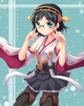  1girl adjusting_glasses bare_shoulders black_hair black_legwear blue_eyes blush breasts character_name detached_sleeves glasses hairband headgear japanese_clothes kantai_collection kirishima_(kantai_collection) nontraditional_miko pantyhose personification ryusei short_hair skirt smile thighhighs 
