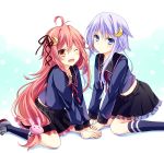  2girls ahoge blue_eyes bunny_hair_ornament crescent_hair_ornament fang hair_ornament kantai_collection kubyou_azami lavender_hair long_hair multiple_girls open_mouth personification pink_hair red_eyes school_uniform serafuku short_hair short_hair_with_long_locks sitting skirt uzuki_(kantai_collection) wariza wink yayoi_(kantai_collection) 