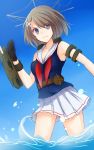  1girl bare_shoulders black_gloves blue_eyes brown_hair d11 gloves hair_ornament hairclip kantai_collection maya_(kantai_collection) neckerchief partially_submerged personification short_hair skirt solo water 