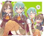  2girls alternate_hairstyle aqua_eyes aqua_hair brown_hair dual_persona hair_ornament hairclip kantai_collection kumano_(kantai_collection) long_hair multiple_girls oomori_(kswmr) open_mouth personification ponytail school_uniform suzuya_(kantai_collection) thighhighs twintails younger 