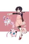 1girl asahina_hiyori black_eyes black_hair dress expressionless kagerou_project kangmoro open_mouth outstretched_arm pink pink_dress pokemon pokemon_(creature) sandals shorts_under_skirt simple_background twintails 
