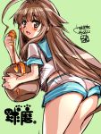  1girl ahoge ass blush brown_hair food food_on_face honey kantai_collection kuma_(kantai_collection) long_hair looking_back open_mouth pot sailor shorts solo tokita_monta translated very_long_hair 