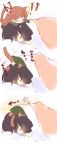  2girls =_= animal_ears black_hair brown_hair cat_ears cat_paws cat_tail closed_eyes comic flying_sweatdrops highres kantai_collection kemonomimi_mode kitakami_(kantai_collection) minigirl multiple_girls on_head ooi_(kantai_collection) open_mouth paws ppppa sleeping tail translated under_covers wavy_mouth 