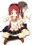  2girls akemi_homura bag black_hair bookbag bowl chopsticks food glasses hair_ribbon hairband indian_style long_hair mahou_shoujo_madoka_magica multiple_girls noodles open_mouth ramen red-framed_glasses red_eyes redhead ribbon sakura_kyouko school_uniform seiza sitting skirt smile tsubaki_(tatajd) violet_eyes 