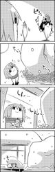  /\/\/\ 1girl 4koma bow comic flower flower_on_head hair_bow hair_tubes hakurei_reimu hieda_no_akyuu highres lying medicine_melancholy monochrome open_mouth short_hair smile snow tani_takeshi thumbs_up tied_up touhou translated yukkuri_shiteitte_ne |_| 