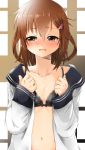  1girl black_bra blush bow_bra bra breasts brown_eyes brown_hair cleavage collarbone fang full-face_blush hair_ornament hairclip highres ikazuchi_(kantai_collection) kantai_collection lace-trimmed_bra navel open_clothes open_mouth open_shirt school_uniform serafuku shiny shiny_skin small_breasts solo sweat toichi underwear wavy_mouth 