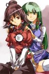  2girls brown_eyes brown_hair cosplay green_eyes green_hair hair_tubes hakurei_reimu kochiya_sanae looking_at_viewer mirror moriya_suwako moriya_suwako_(cosplay) multiple_girls payot skirt skirt_set thighhighs touhou white_legwear yasaka_kanako yasaka_kanako_(cosplay) yohane 