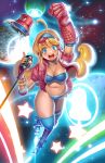  1girl arm_up blonde_hair blue_eyes blush breasts cleavage gloves hoshino_nozomi inline_skates long_hair looking_at_viewer microphone navel obui open_clothes open_mouth planet roller_skates skates smile solo space star thighhighs trillion_starlights 