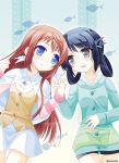  2girls black_hair blue_eyes brown_hair capelet folded_hair hair_rings holding_hands hoodie long_hair minazoi_kuina mukaido_manaka multiple_girls nagi_no_asukara shiodome_miuna twintails 