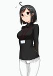  1girl ahoge black_hair breasts brown_eyes deneb_(noble324) glasses name_tag servant_x_service short_hair solo sweater turtleneck white_background yamagami_lucy 