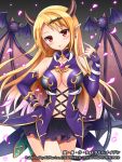  1girl blonde_hair breasts cleavage copyright_request demon_tail detached_sleeves horns long_hair mauve original pointy_ears red_eyes solo tail wings 