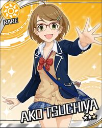  1girl :d ahoge bag brown_hair character_name glasses green_eyes hair_ornament hairclip idolmaster idolmaster_cinderella_girls open_mouth school_bag school_uniform short_hair skirt smile sun_(symbol) tsuchiya_ako 