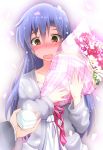  1girl blue_hair blush bouquet brown_eyes flower highres idolmaster jewelry kisaragi_chihaya long_hair natsu_(anta_tte_hitoha) open_mouth outstretched_arm ring solo sweatdrop wavy_mouth 