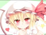  1girl blonde_hair blush bust commentary_request face flandre_scarlet hat hat_ribbon heart looking_at_viewer mob_cap pen-zin pink_eyes ribbon smile solo star touhou wings 