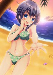  1girl akira_oto beach bikini black_hair blue_eyes foreshortening highres original short_hair smile solo sunset swimsuit 