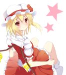  blonde_hair dress flandre_scarlet hat hat_ribbon looking_at_viewer looking_back mob_cap puffy_sleeves red_dress red_eyes ribbon ro-ichi shirt short_sleeves sitting smile solo star touhou wings 
